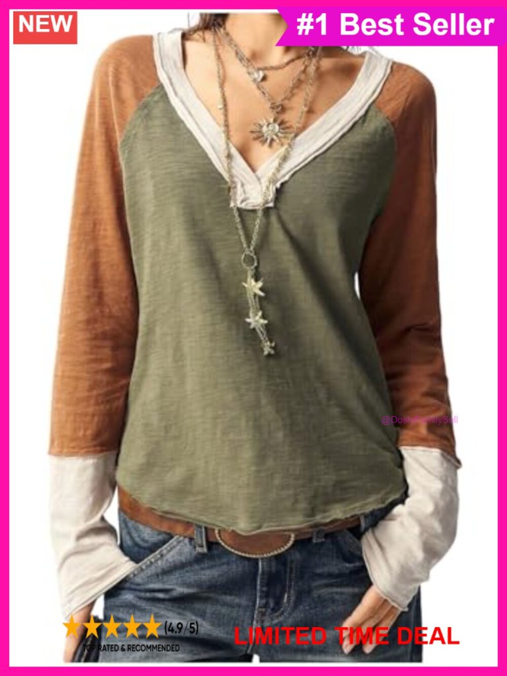 Women's Patchwork V Neck Long Sleeve Boho Fall T-Shirt